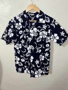 Vintage Nui Nalu Hawaiian Floral Blue White Made In USA Hawaii 100% Cotton